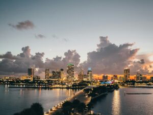 Downtown St. Petersburg skyline and waterfront at dusk